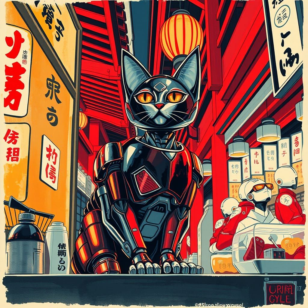 Futuristic Robot Cat in Traditional Japanese Marketplace