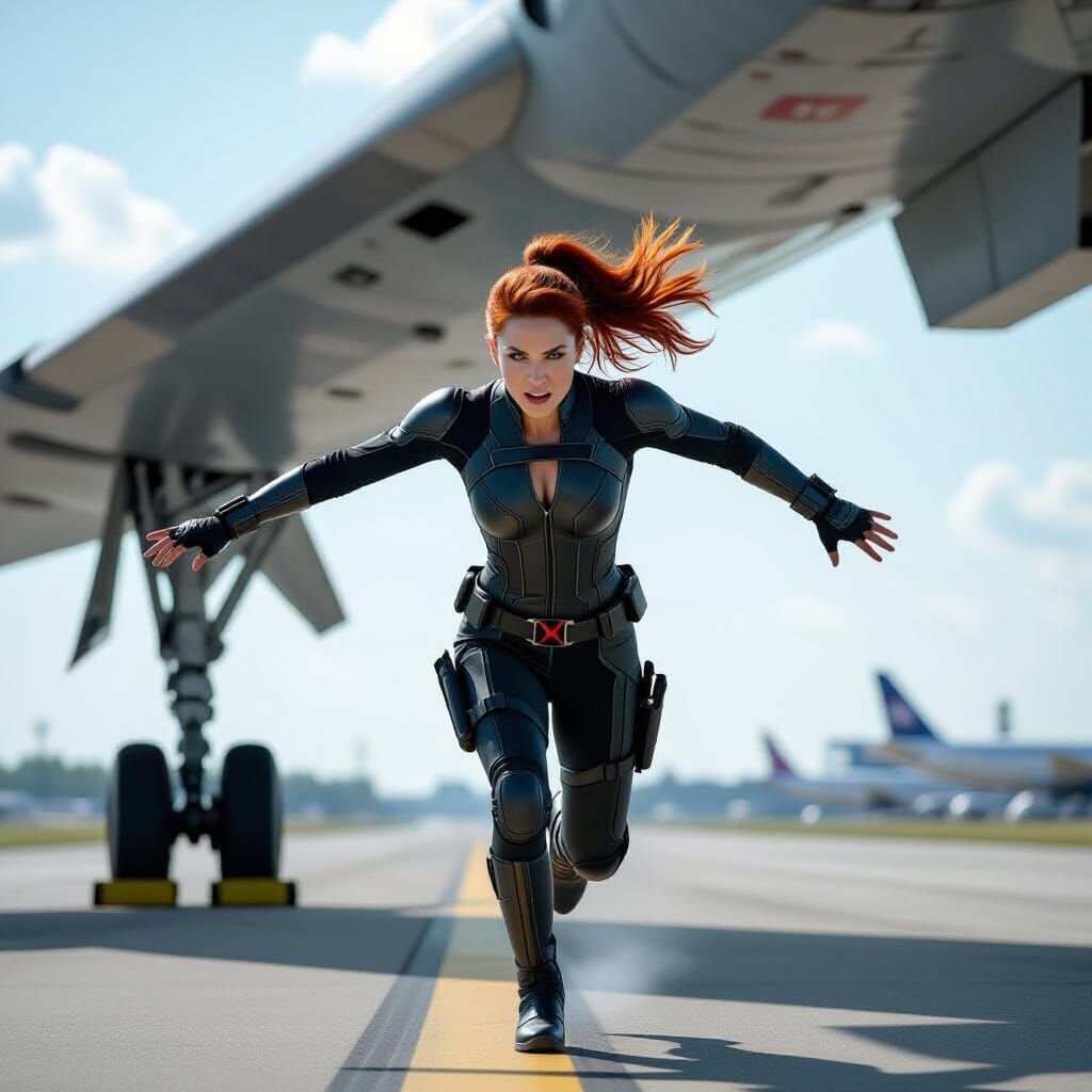 Superheroine Leaps For Jet on Runway