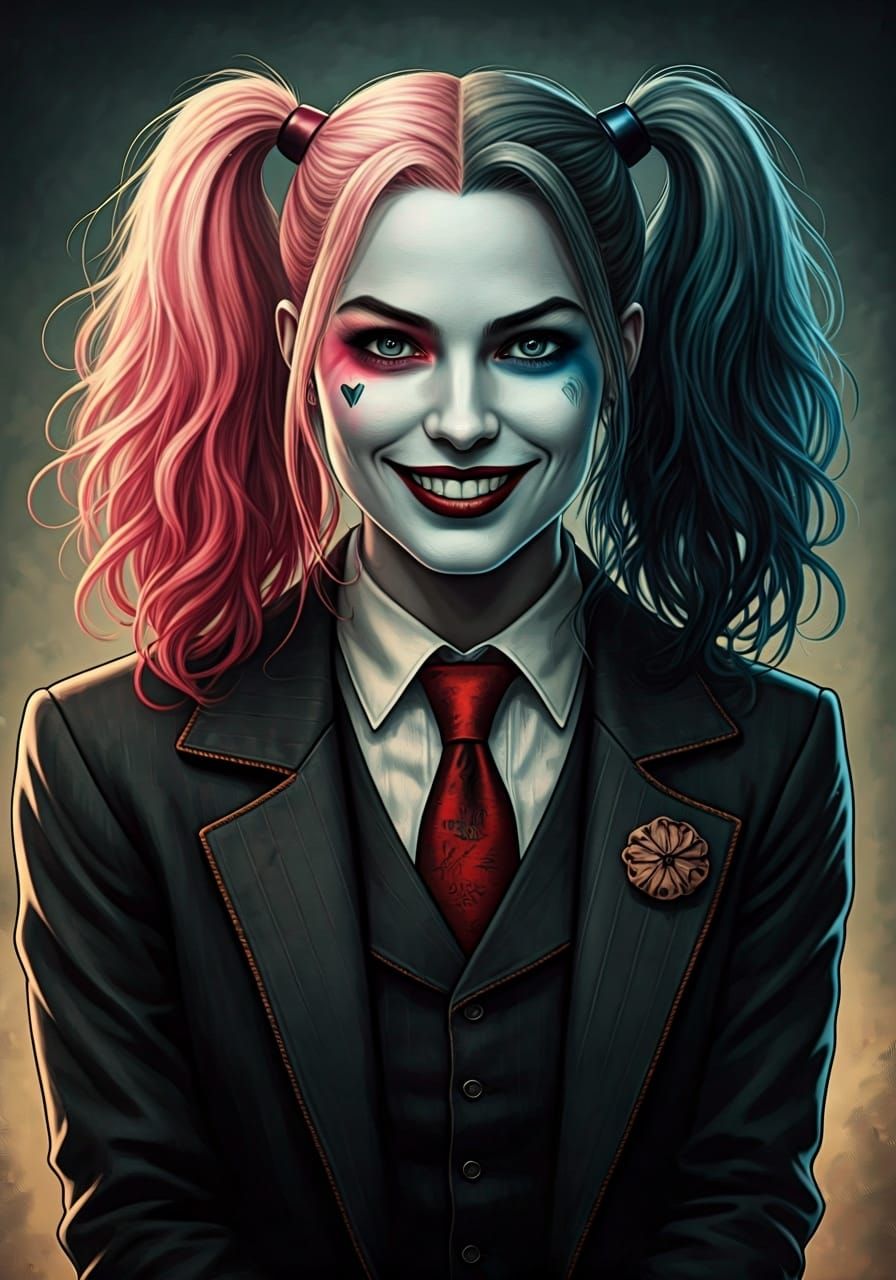 Harley Quinn as English Gentleman in Graphic Novel Style