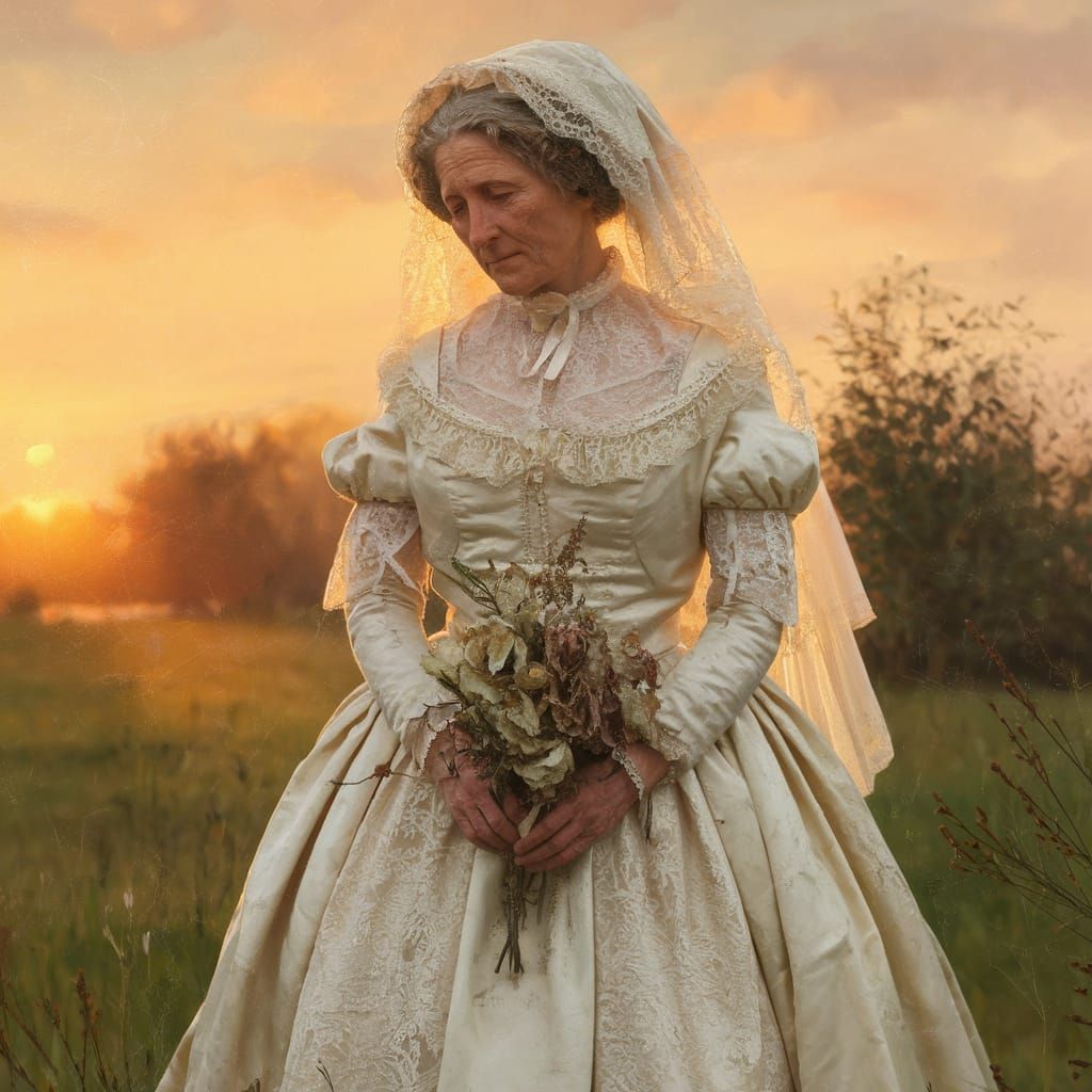 Dickensian Spinster in Faded Wedding Dress at Sunset