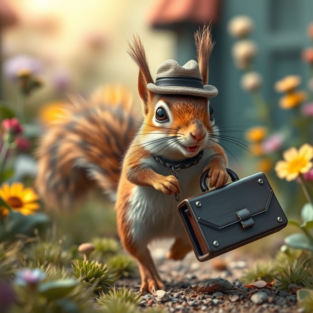 Squirrel Businessman in Garden, Hyperrealistic Digital Art