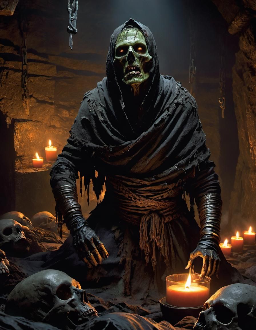 Cadaveric Zombie in Dark Stone Room, Digital Art