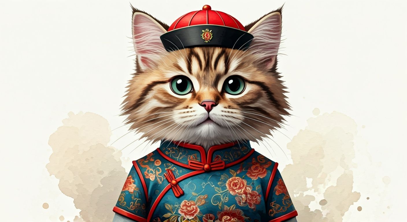 Kitty in Traditional Chinese Dress with Watercolor Textures