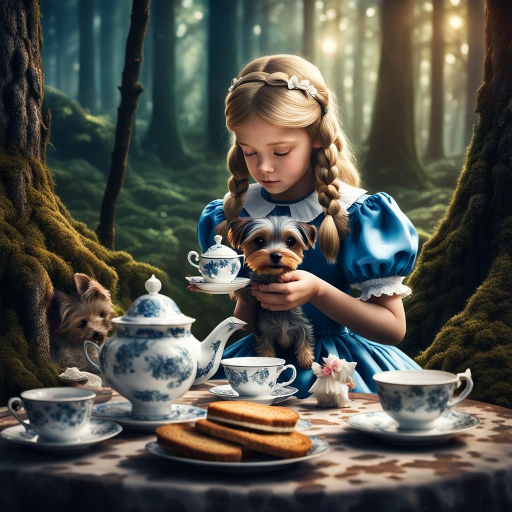 alice in wonderland having tea with a yorkie dog in a beautiful forest