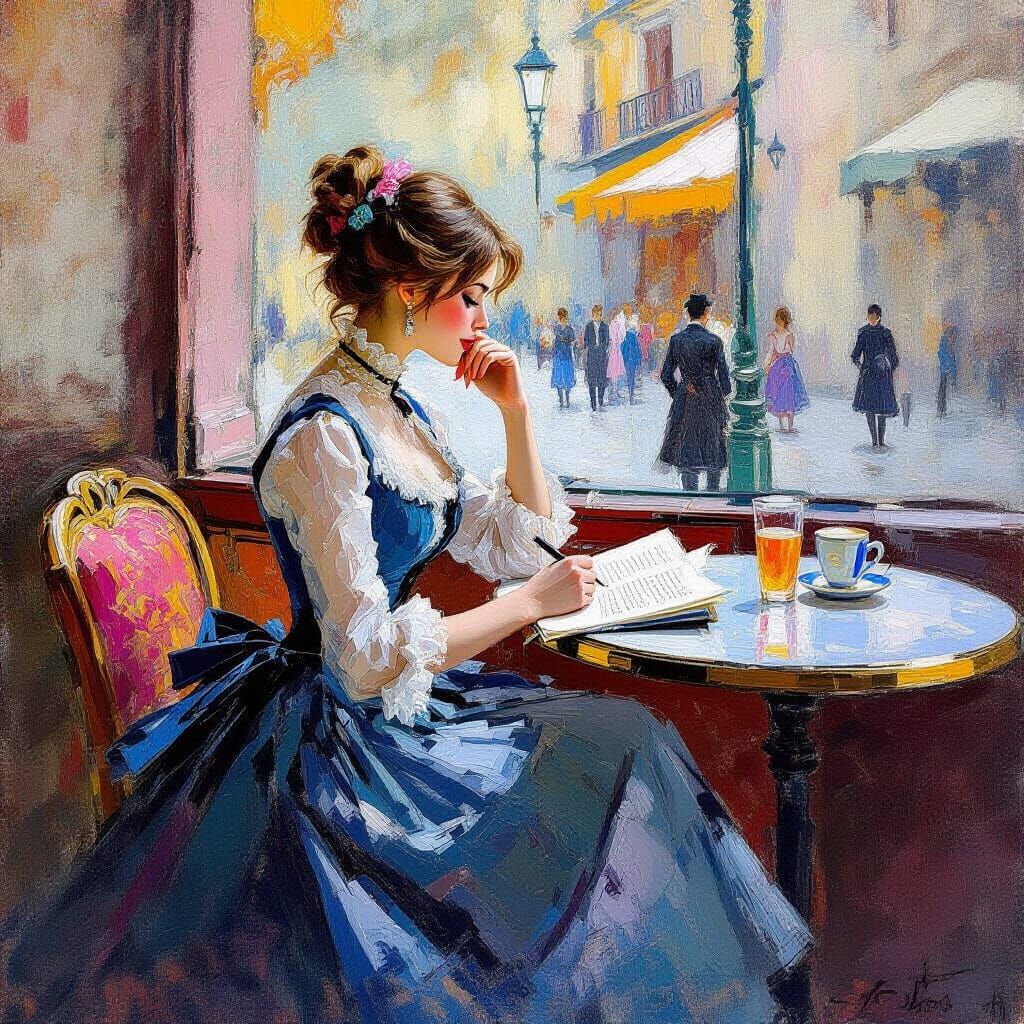 Girl in Cafe: Impressionistic Painting with Vibrant Colors