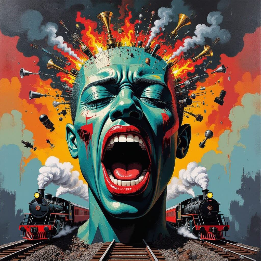 Surreal Head Erupts with Chaos and Trains