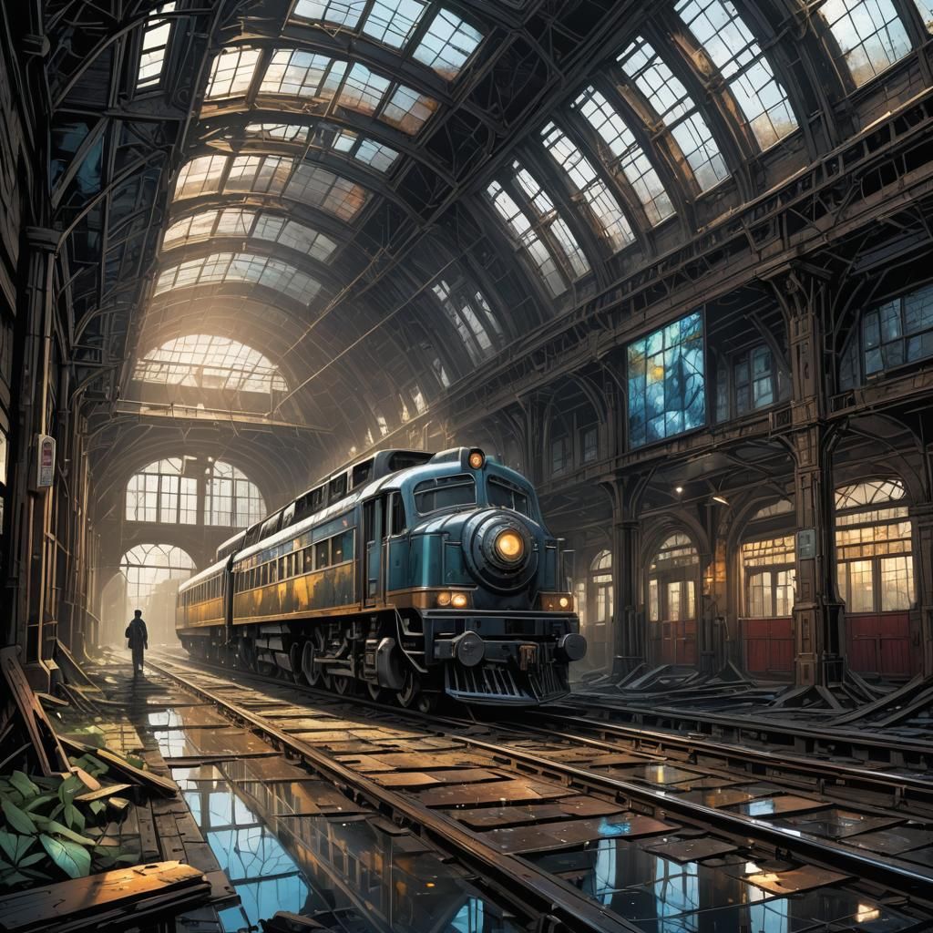 Dystopian Abandoned Train Station in Comic Book Art Style