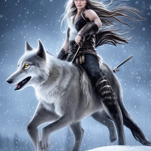 Viking Warrior on Black Wolf in Snowy Landscape