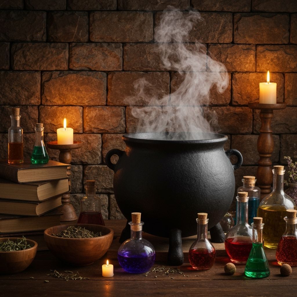 Mystical Cauldron Brews Magic Potion in Medieval Alchemist's...