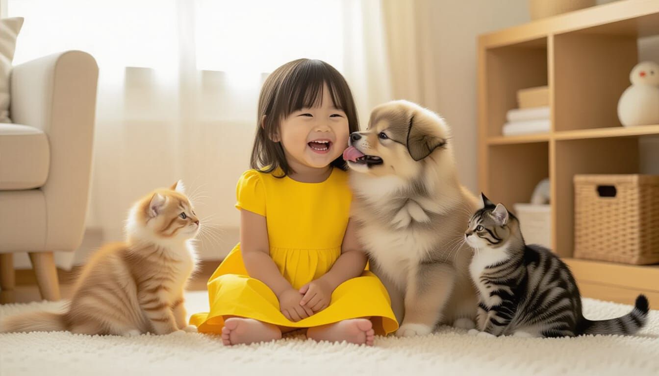Girl, Puppy, and Cat in Whimsical Cozy Living Room