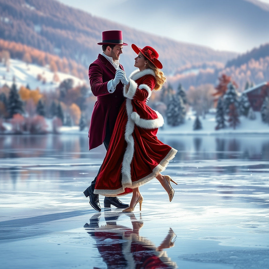 Victorian Couple Dancing on Frozen Lake in Winter