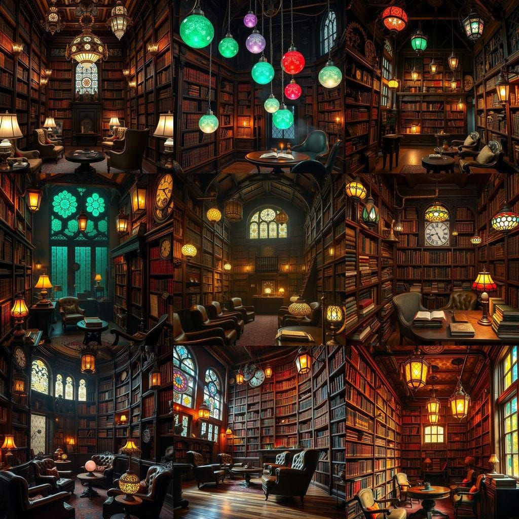 Steampunk Library in Vibrant Victorian Warmth