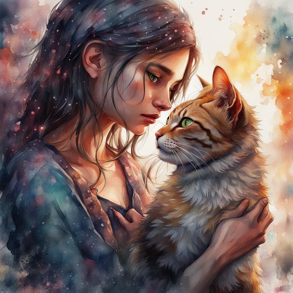 Girl and Cat in Watercolor Style