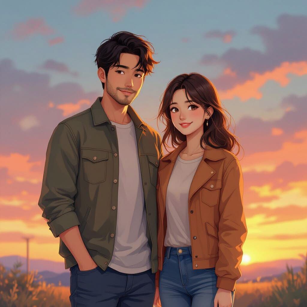 Couple at Sunset in Digital Art Style