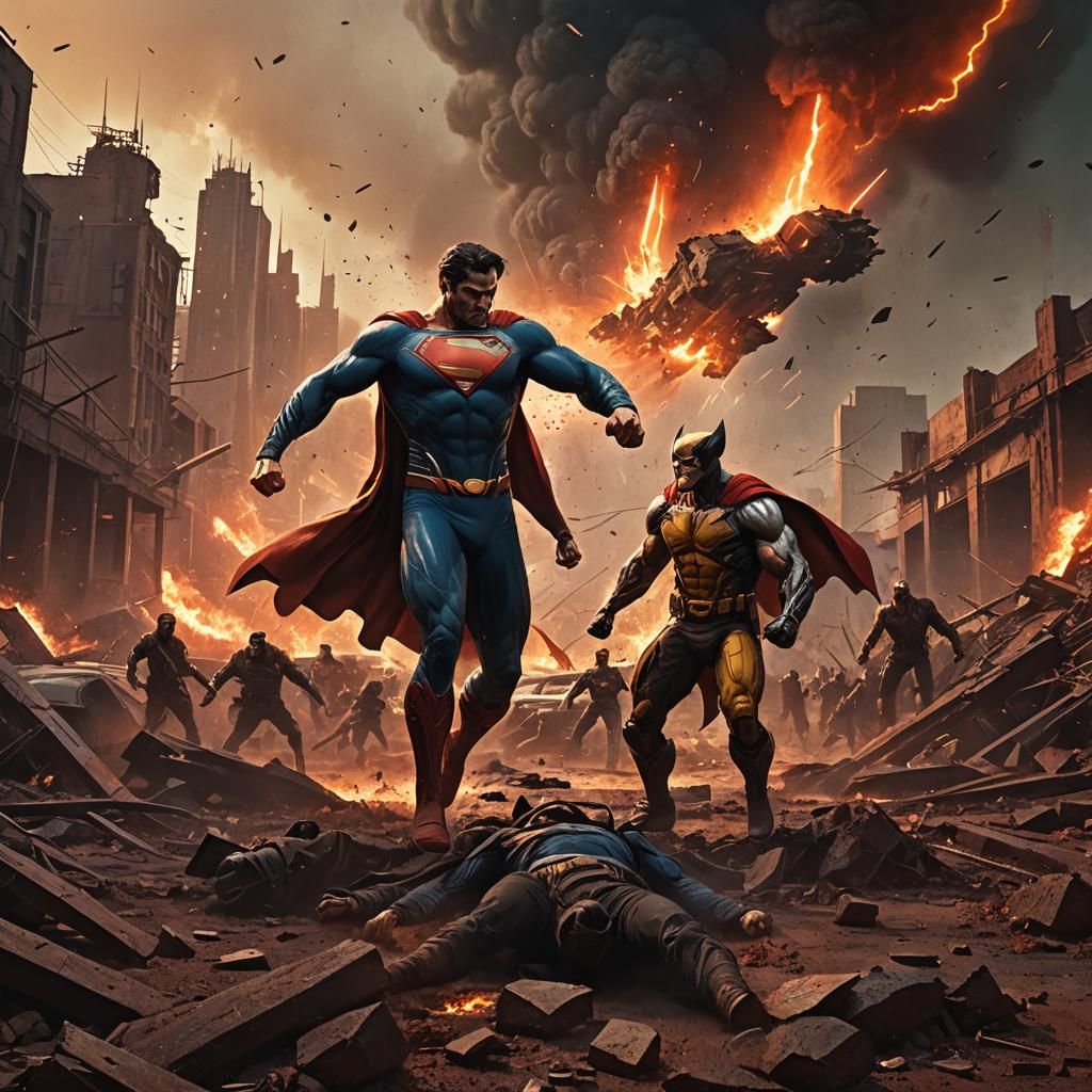 Apocalyptic Battle: Superman vs Wolverine, Digital Art