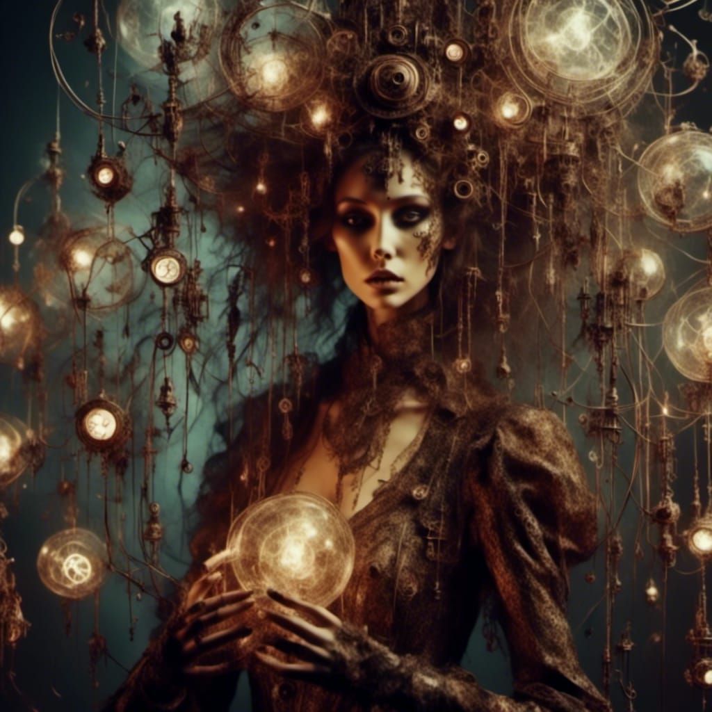 Steampunk Witch Casting Spell with Glowing Robots