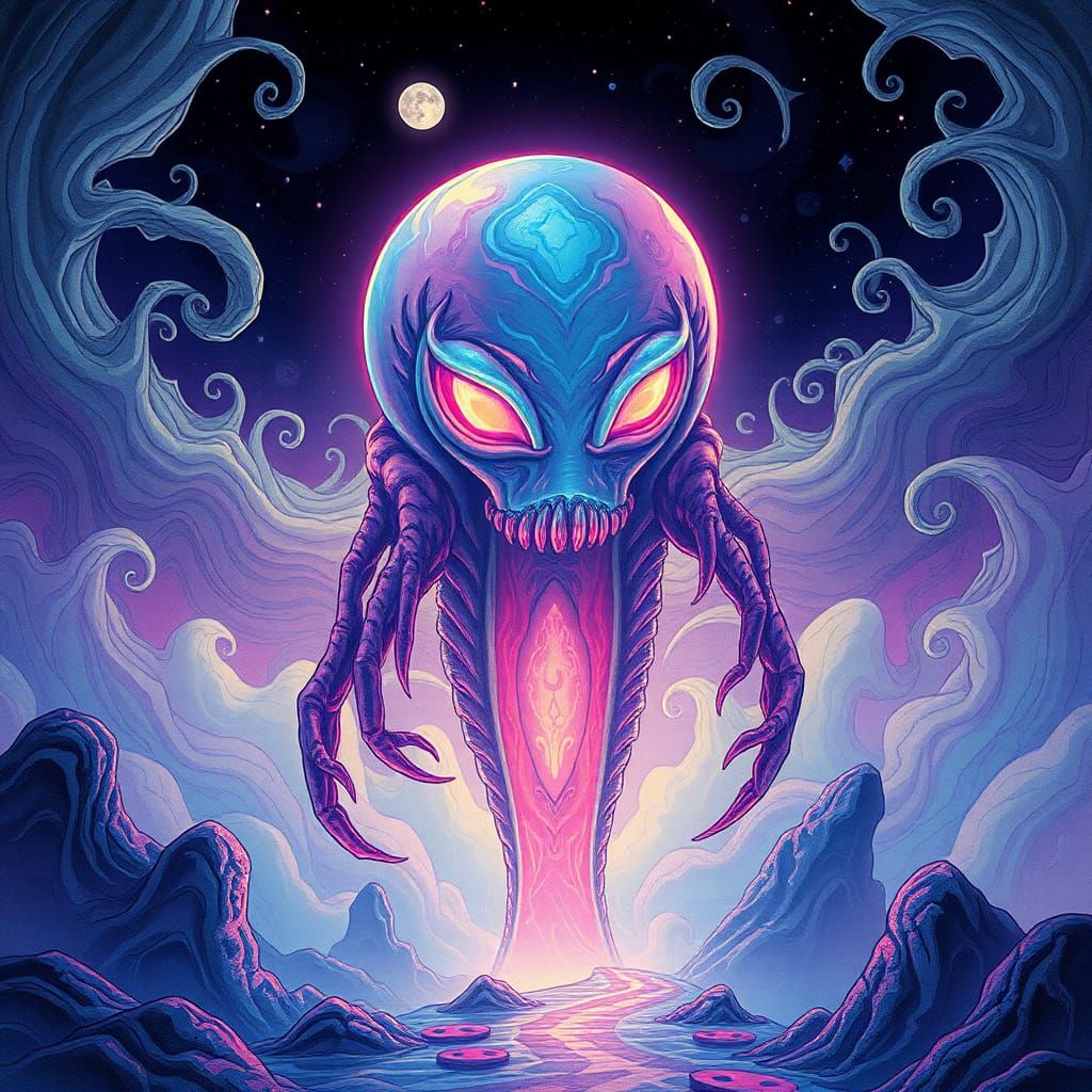 Iridescent Entity in Surrealist Dreamscape