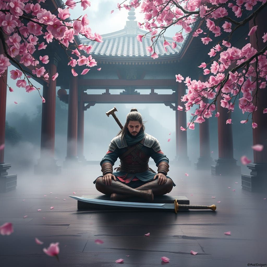 Surreal Warrior in Cherry Blossom Serenity, Traditional Digi...