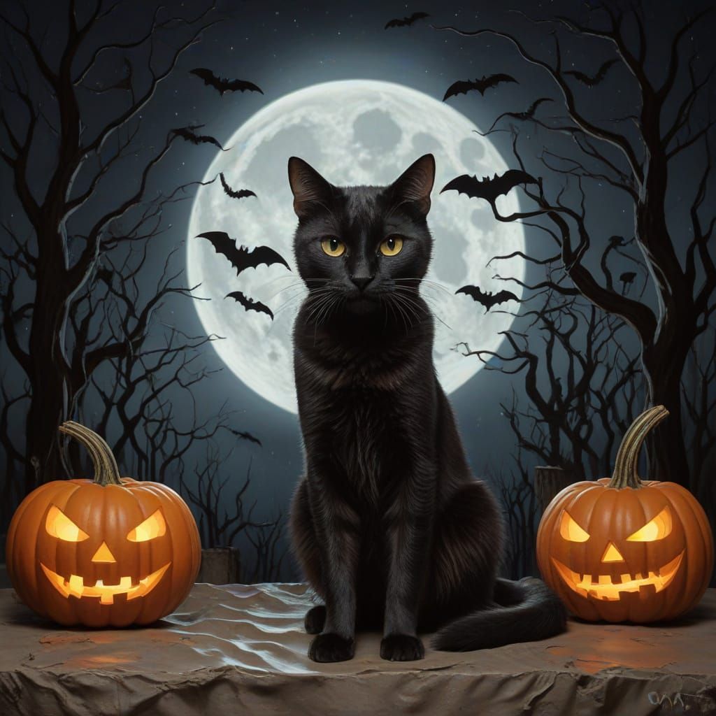Halloween Cat Women Lighting Full Moon With Ghosts and Monst...
