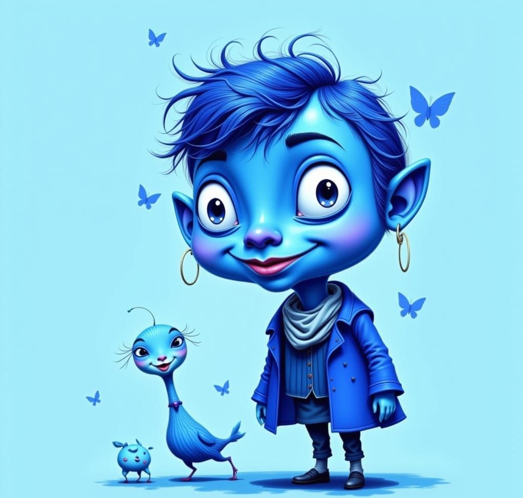 Whimsical Blue Caricature in Vibrant Digital Art