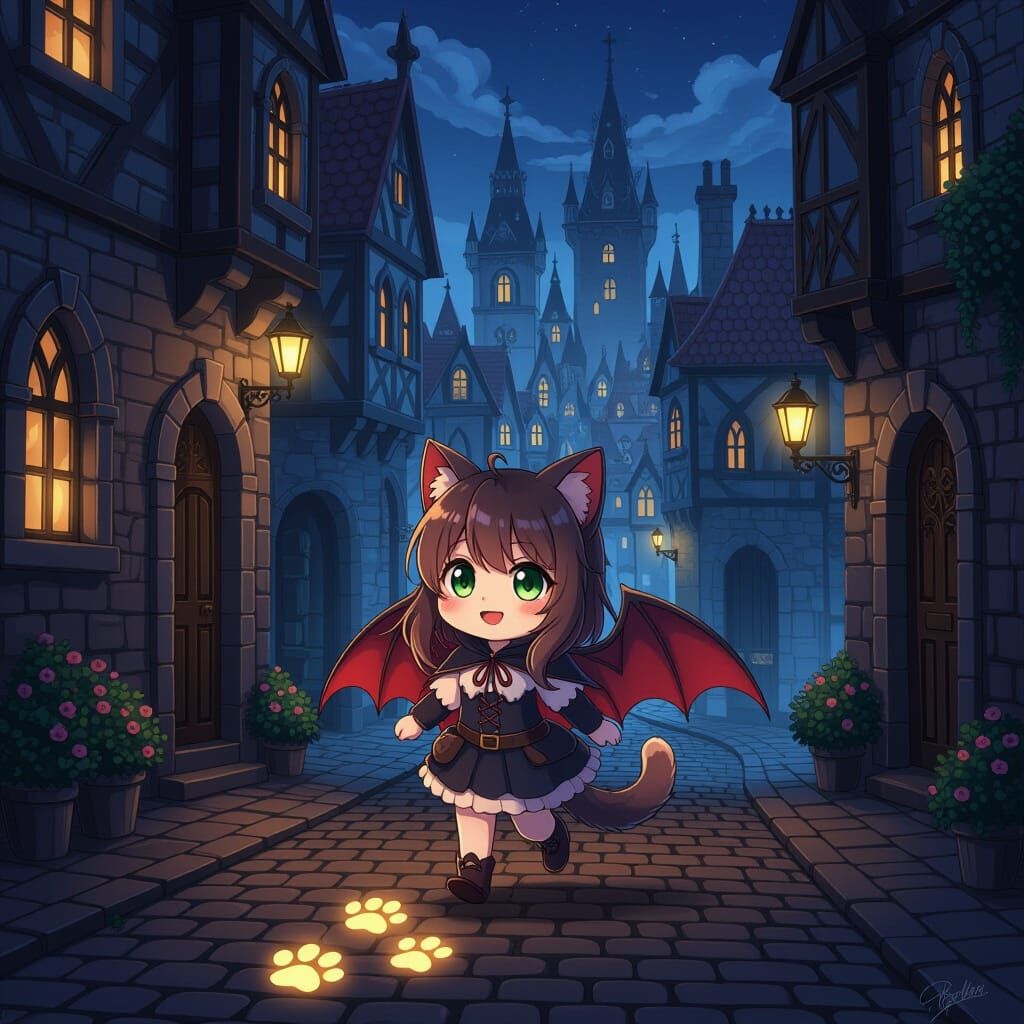 Gothic Cat Girl Cityscape at Dusk