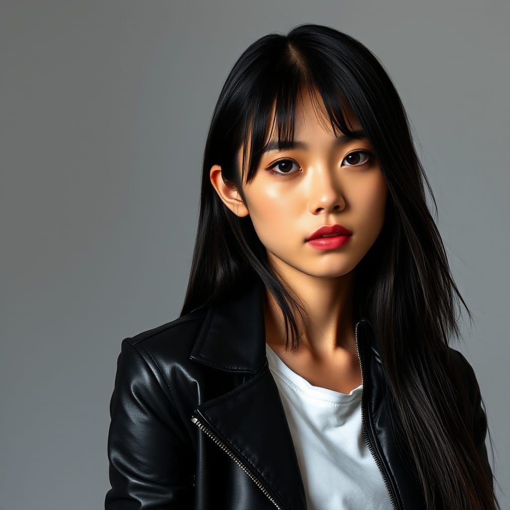 Serene Asian Woman in Modern Chic, Photorealistic Portrait