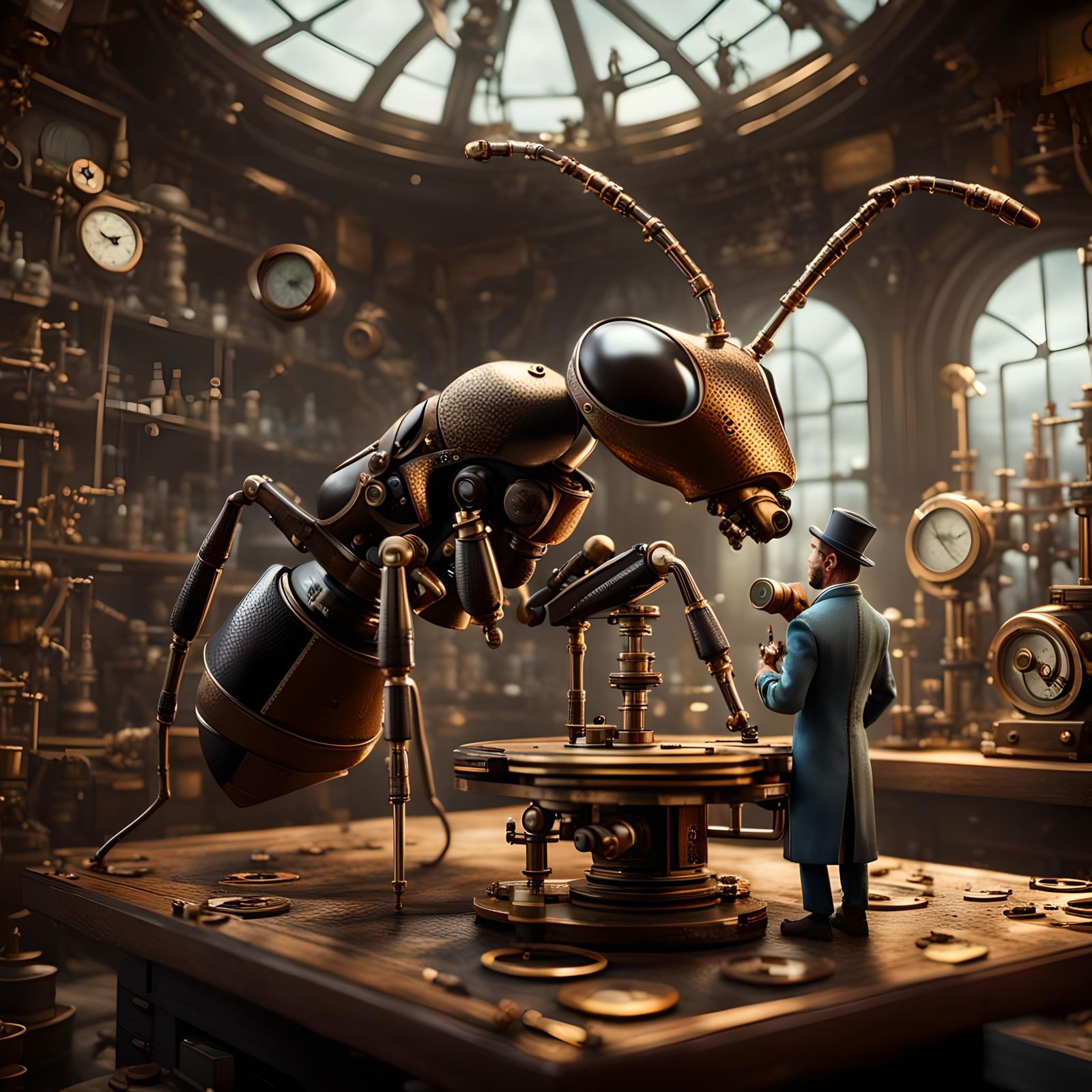 Steampunk Ant Views Human Under Microscope