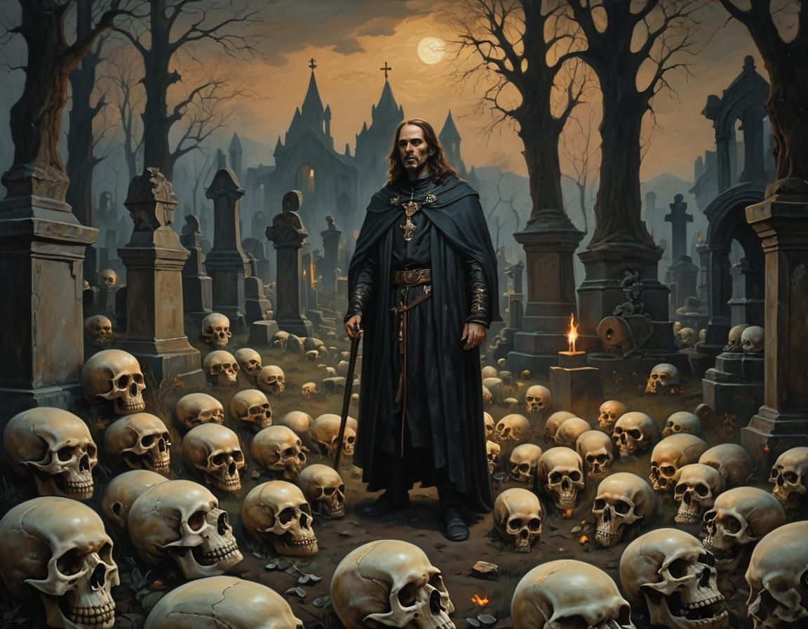 Eerie Cemetery Scene in Romantic Realism Style