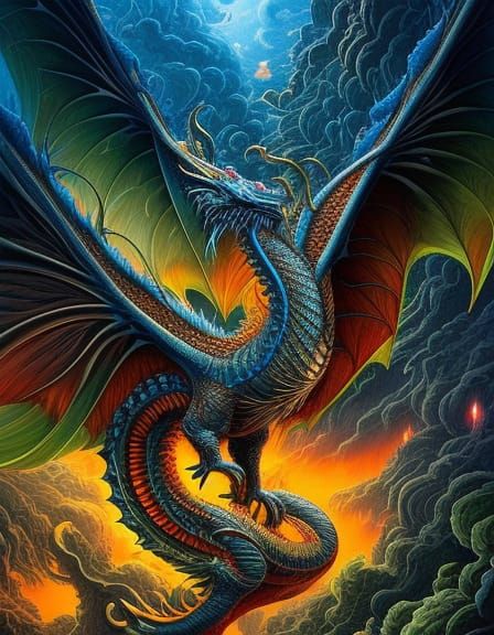 Backlit Dragon in Flight: Detailed Photoillustration