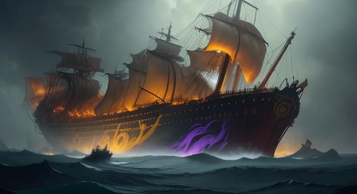 kraken covering a giant ship into a vortex, golden hour, godrays, volumetric lighting, lightning, hurricane, red dress, ...