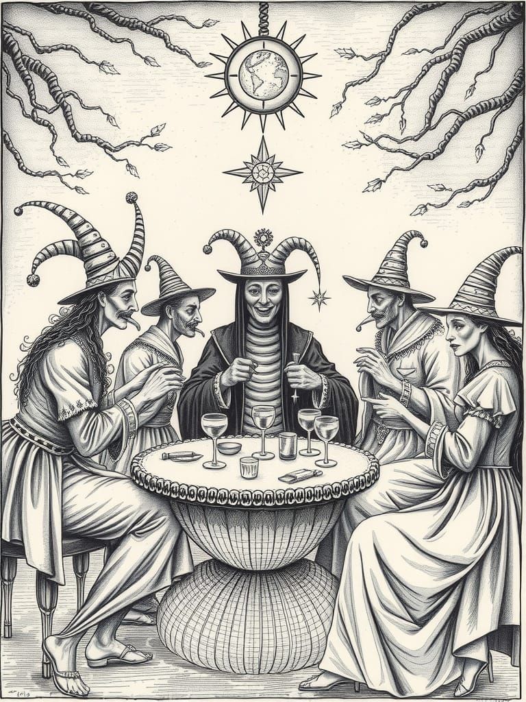 Surreal Jester Gathering in Ink Drawing Style