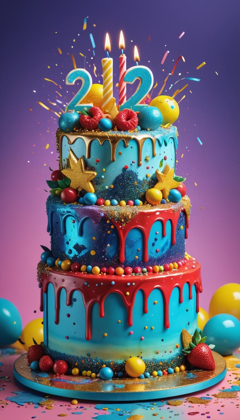 Elaborate Birthday Cake with Summer Colors and Glitter