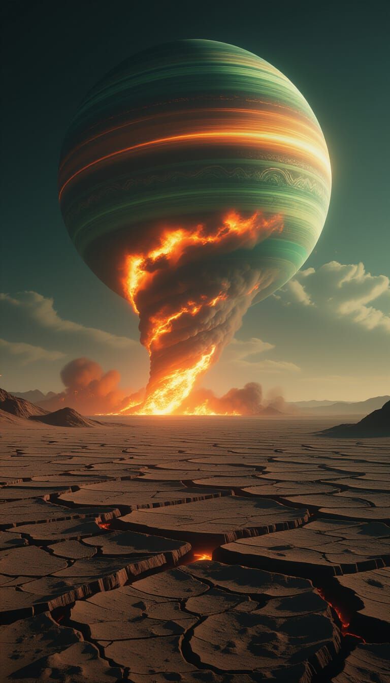Colossal Fire Tornadoes Under Gas Giant Sky