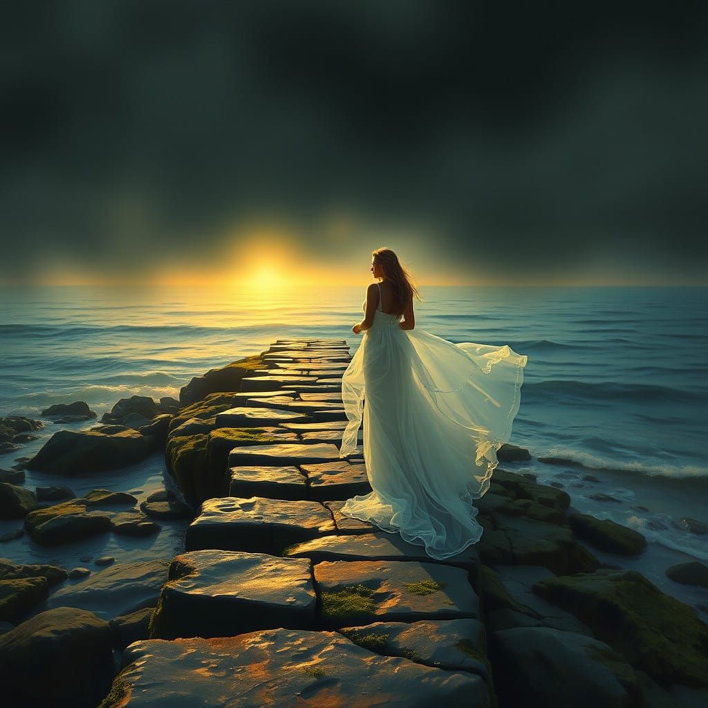 Mysterious Lady Emerges from Velvety Darkness to Golden Ligh...