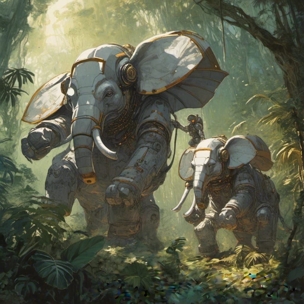 Elephant Robot Mechs Clash in Retrofuturistic Jungle