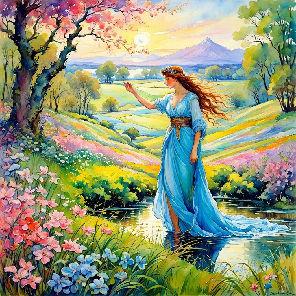 Spring Landscape in Watercolour, Art Nouveau Style