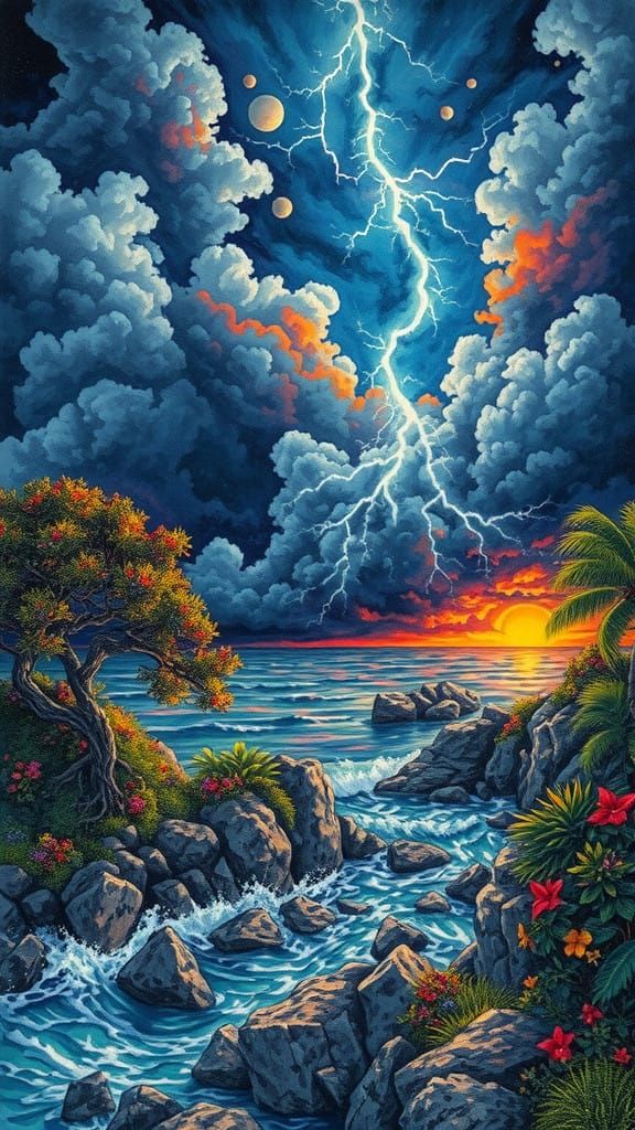 Vibrant Tropical Cove Under Turbulent Stormy Skies