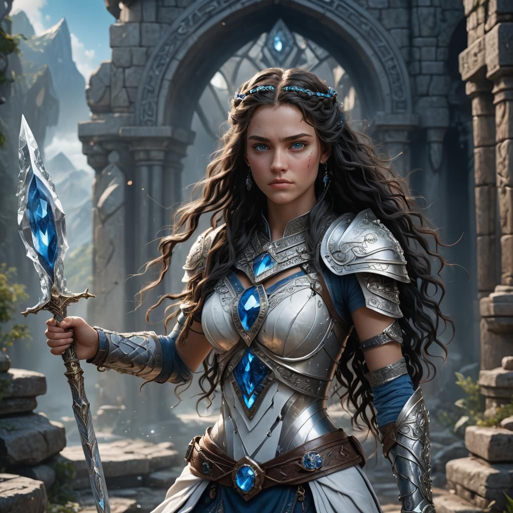 18 year old Female woman with long curly braided dark hair and blue eyes as the white jewel crystal warrior