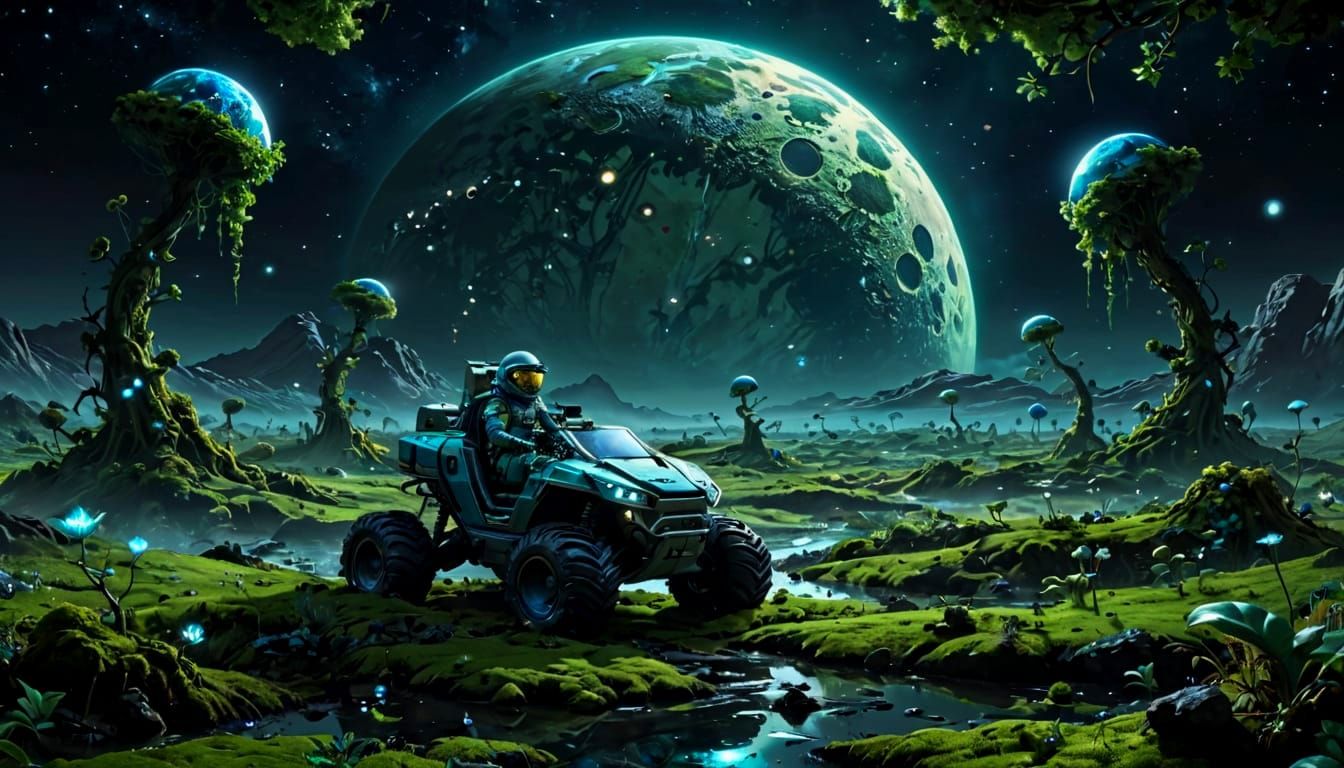 Surreal Futuristic Landscape of a Lush Moon with a Lonely As...
