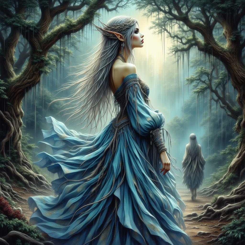 Regal Elven Queen in Moonlit Forest, Cinematic Style