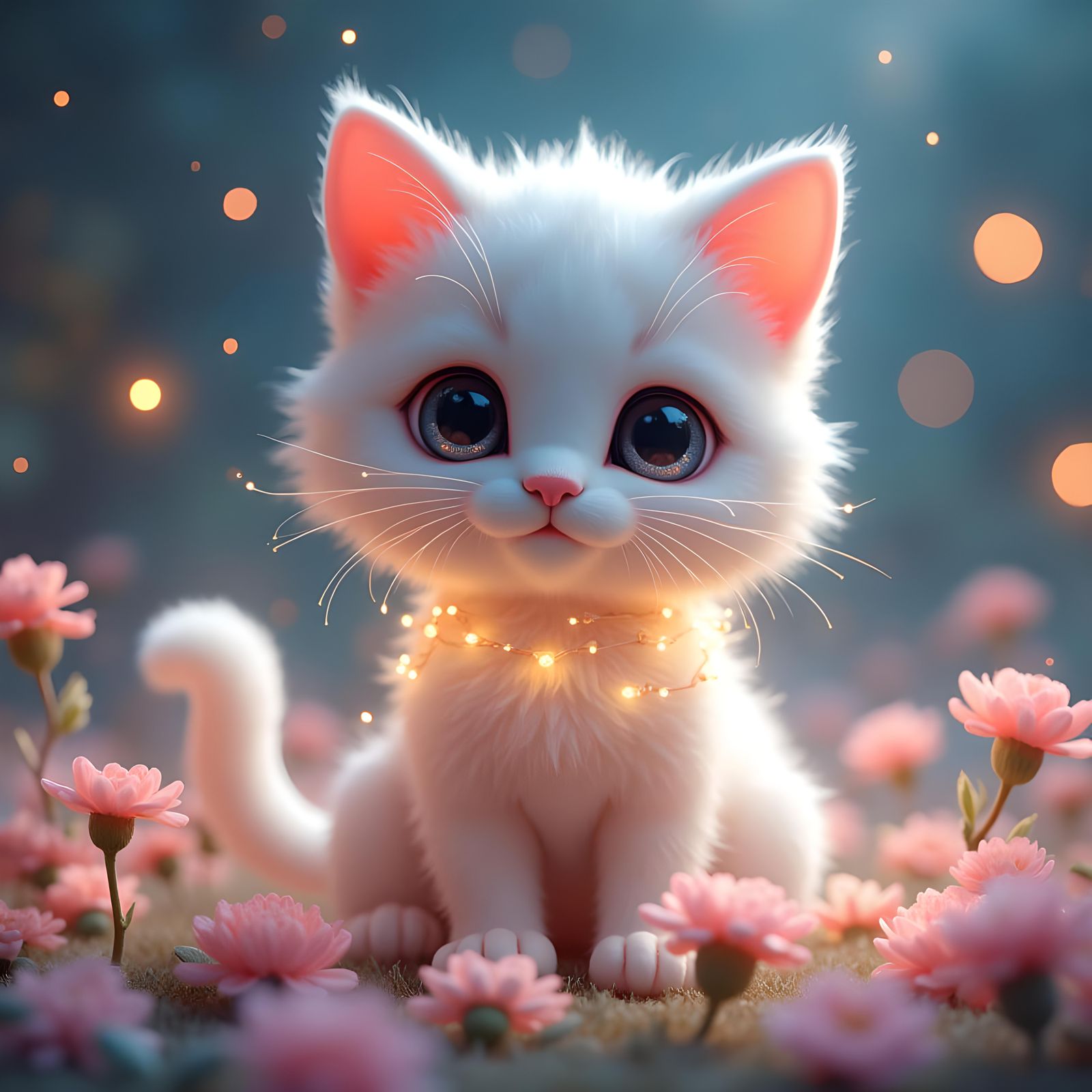 Whimsical, adorable sitting animated kitten with fluffy whit...
