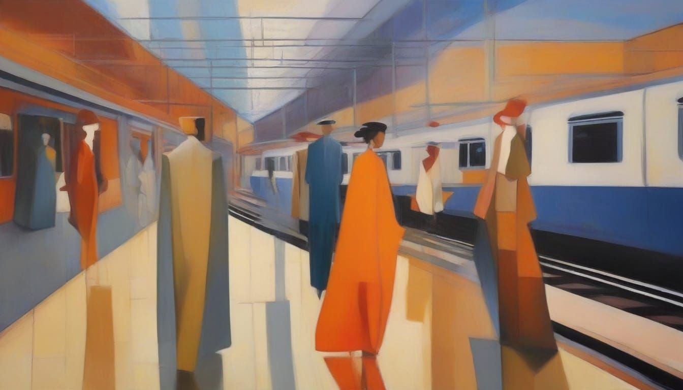 Cubist Travelers in Vibrant Train Station