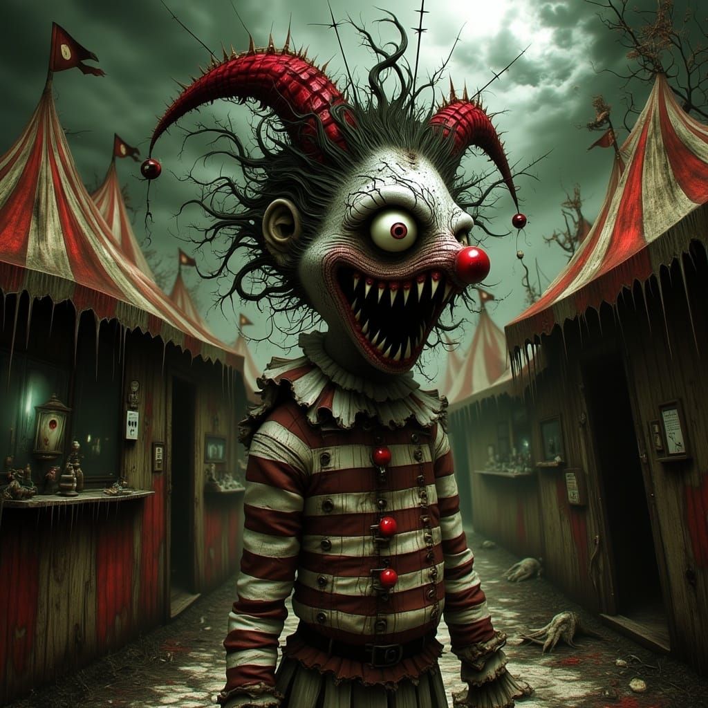 Surreal Clown Cyclops in Haunting Carnival Scene