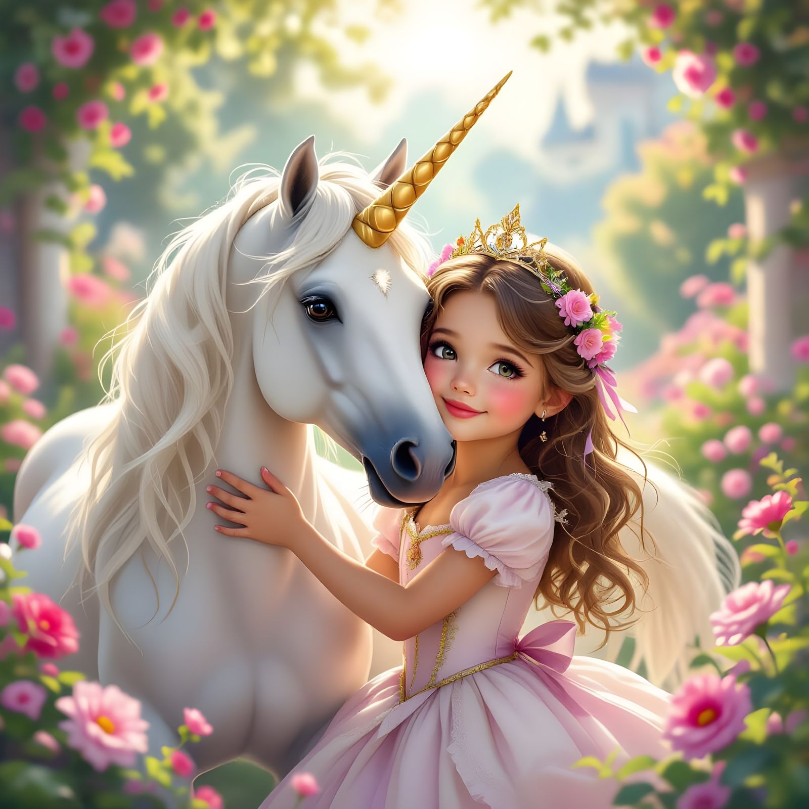 Princess Hugs Unicorn in Magical Garden