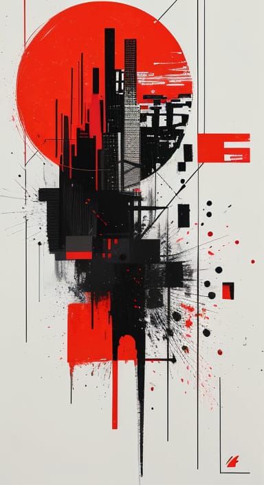 Bold Urban Abstract Artwork in Red and Black