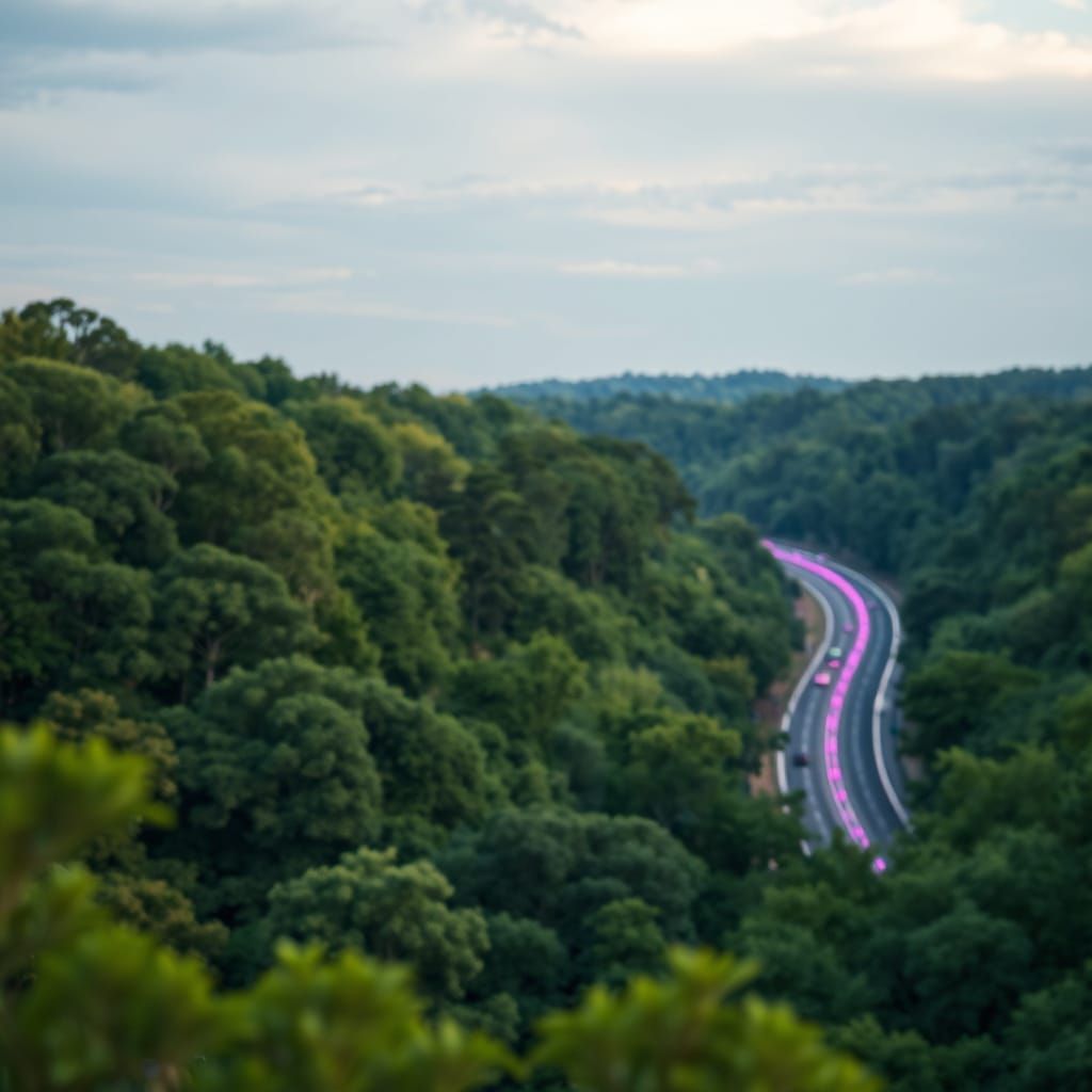 Lush Forest with Purple LED Highway: High-Definition Photo