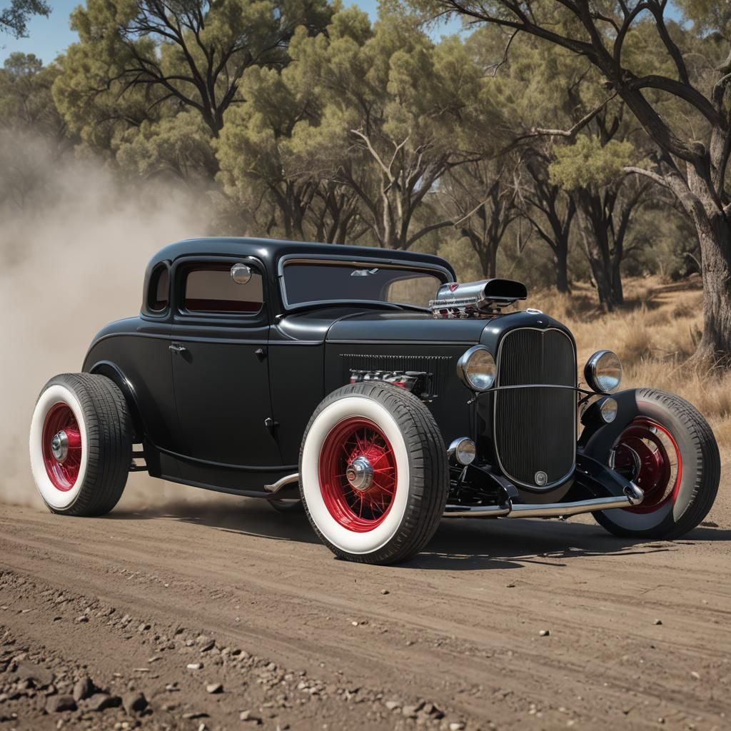 1932 Ford Coupe Speeding Down a Dirt Road