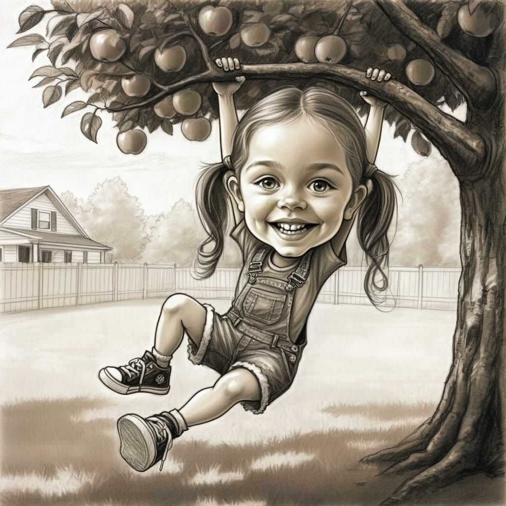 Little Girl Swings from Apple Tree in a Colorful Yard