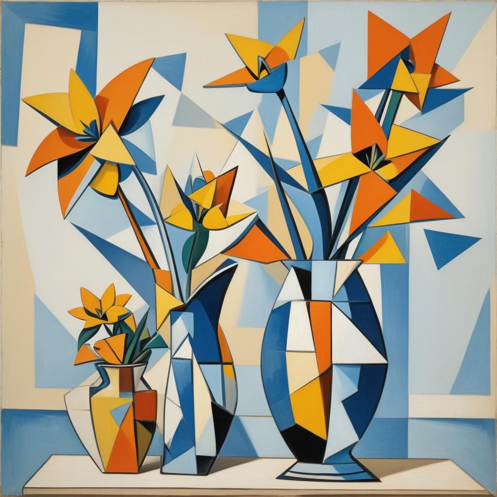 Cubist Orange Flowers in Vase, Picasso Style