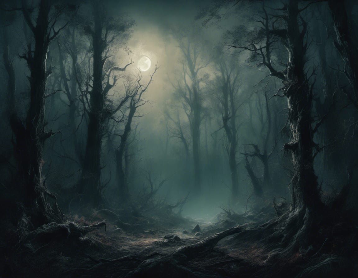 Ominous Foggy Forest at Night in Dark Fantasy Style